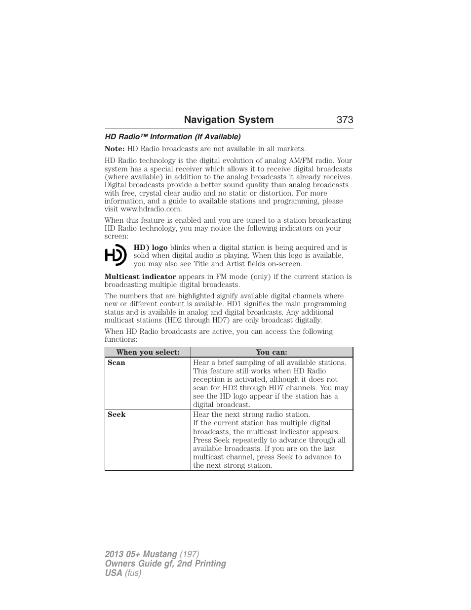 Hd radio™ information (if available), Navigation system 373 | FORD 2013 Mustang v.2 User Manual | Page 373 / 427