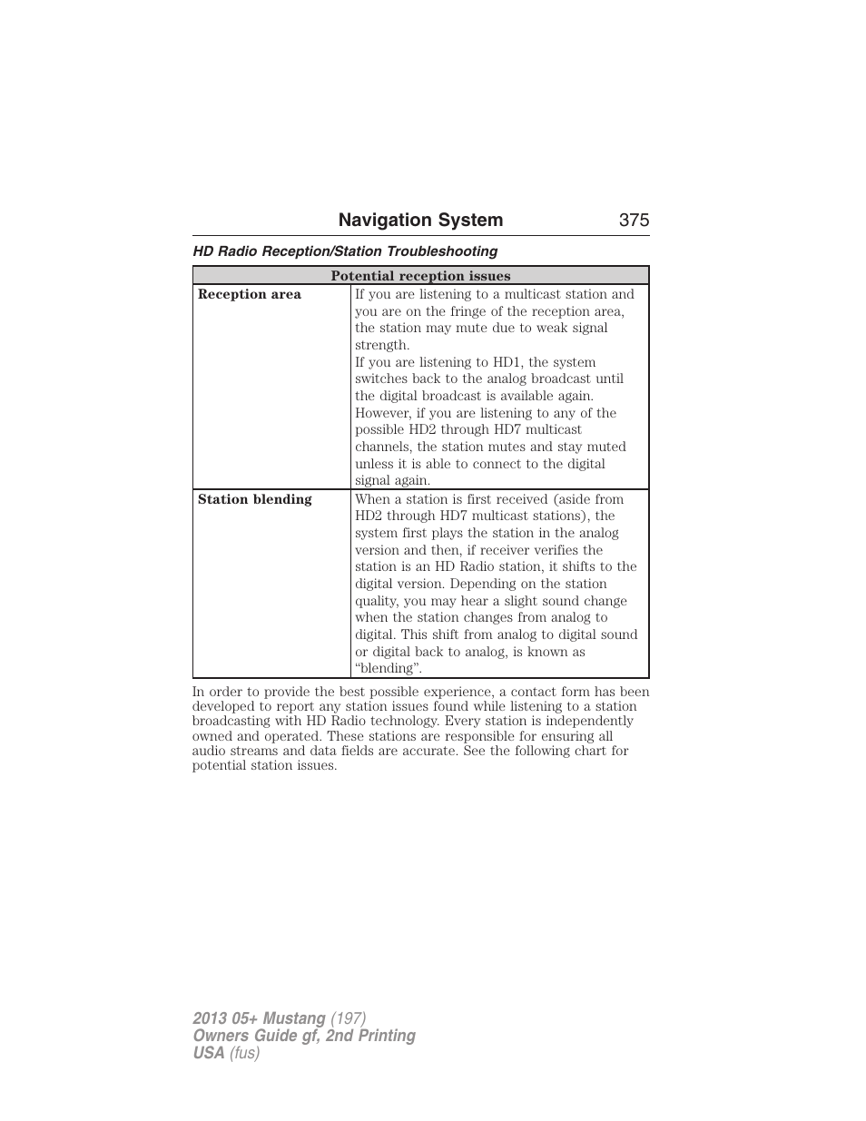 Hd radio reception/station troubleshooting, Navigation system 375 | FORD 2013 Mustang v.2 User Manual | Page 375 / 427