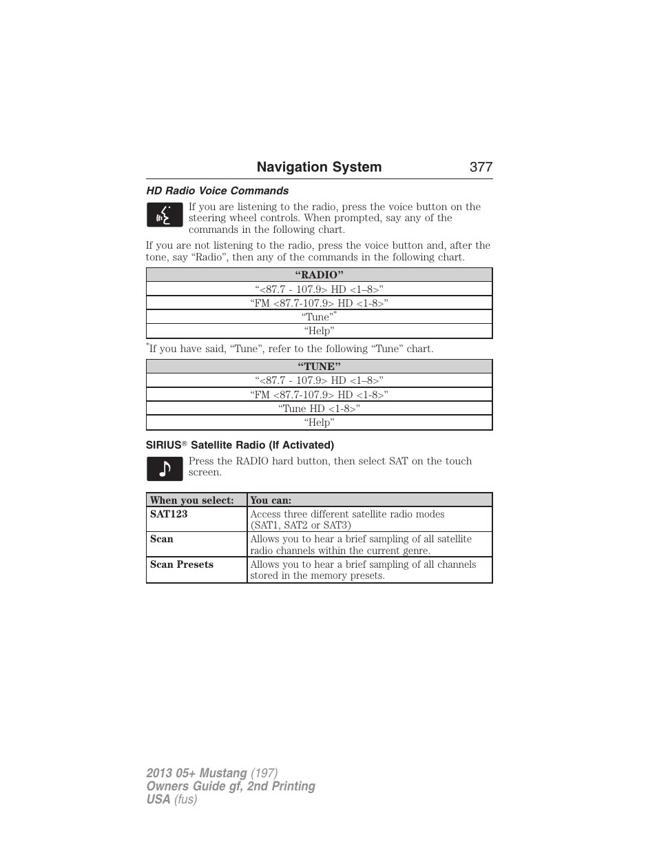 Hd radio voice commands, Sirius? satellite radio (if activated), Navigation system 377 | FORD 2013 Mustang v.2 User Manual | Page 377 / 427