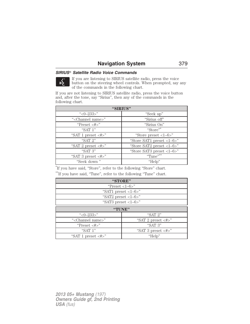 Sirius? satellite radio voice commands, Navigation system 379 | FORD 2013 Mustang v.2 User Manual | Page 379 / 427