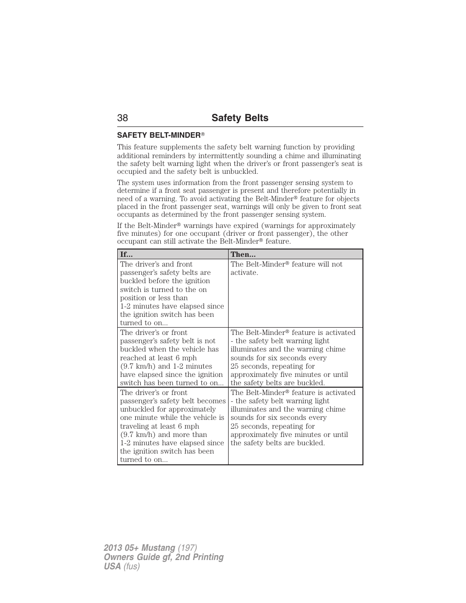 Safety belt-minder, 38 safety belts | FORD 2013 Mustang v.2 User Manual | Page 38 / 427