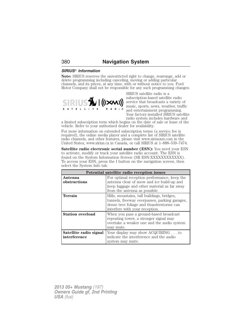 Sirius? information, 380 navigation system | FORD 2013 Mustang v.2 User Manual | Page 380 / 427