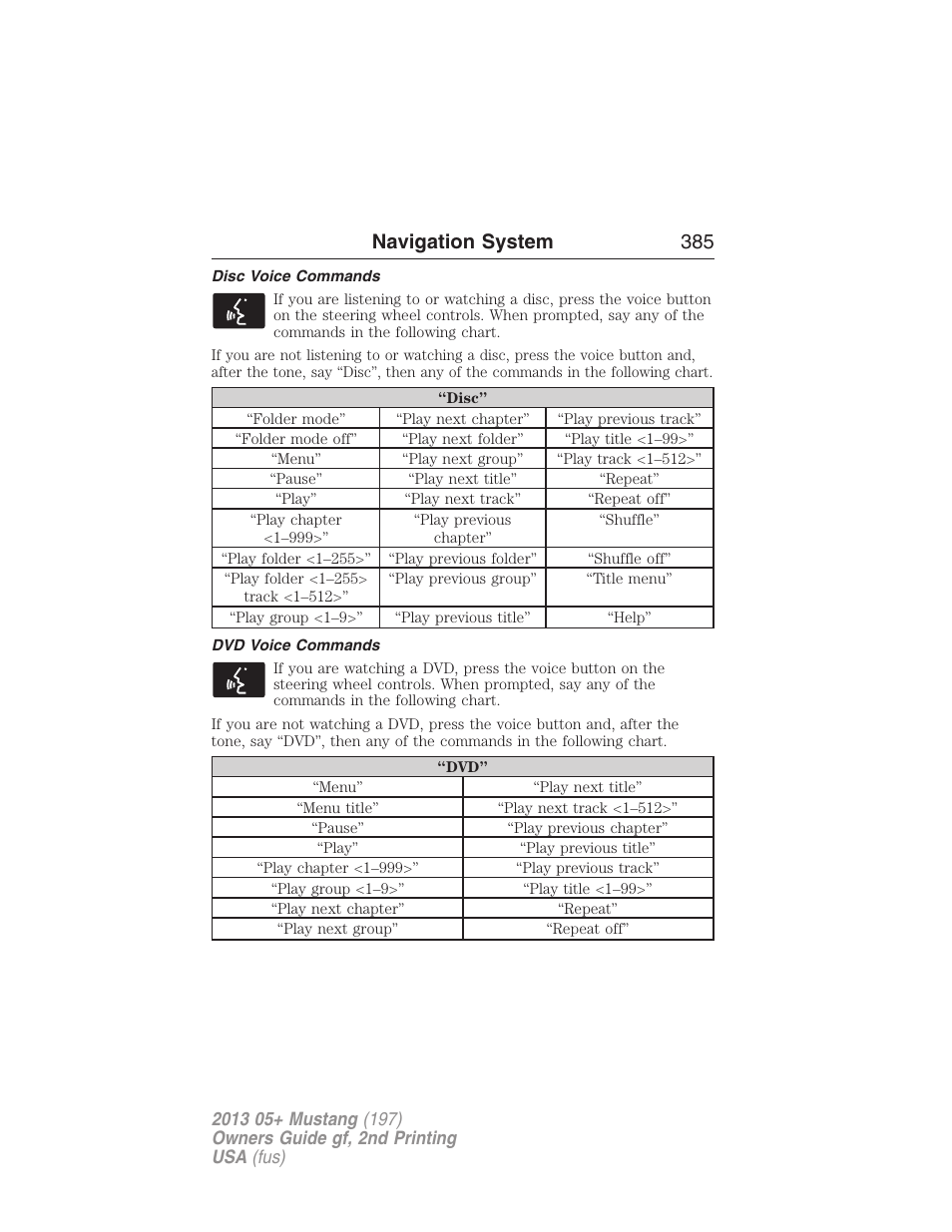 Disc voice commands, Dvd voice commands, Navigation system 385 | FORD 2013 Mustang v.2 User Manual | Page 385 / 427