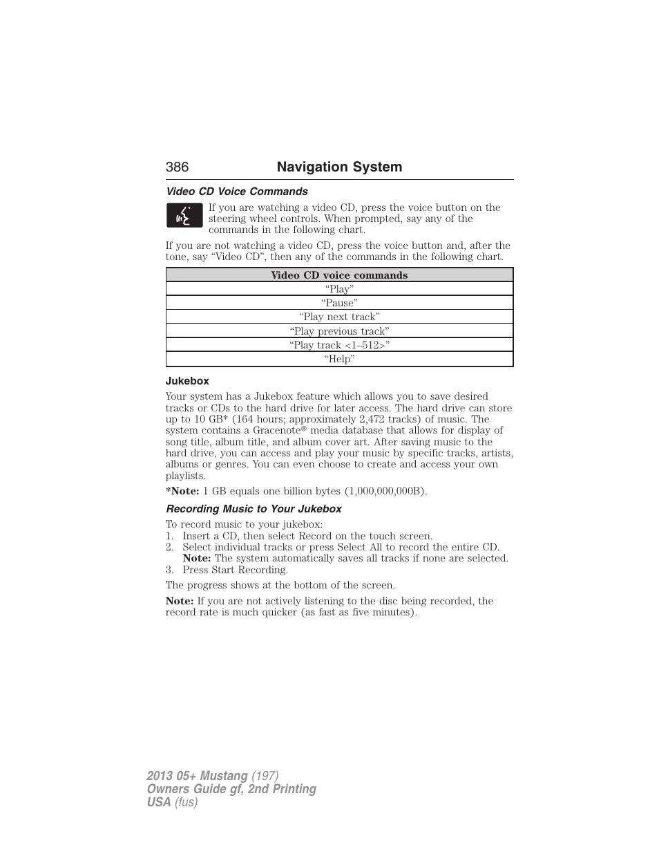 Video cd voice commands, Jukebox, Recording music to your jukebox | Jukebox features, Recording (saving) music to your jukebox, 386 navigation system | FORD 2013 Mustang v.2 User Manual | Page 386 / 427