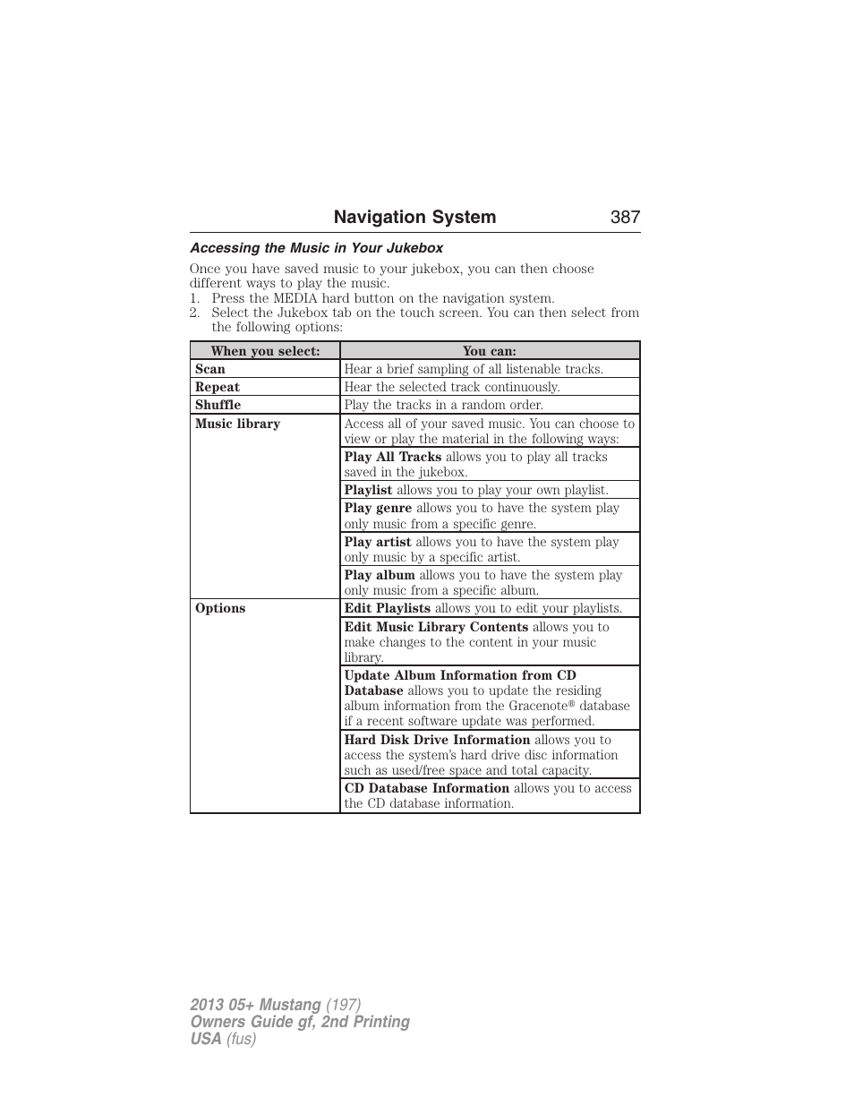 Accessing the music in your jukebox, Navigation system 387 | FORD 2013 Mustang v.2 User Manual | Page 387 / 427