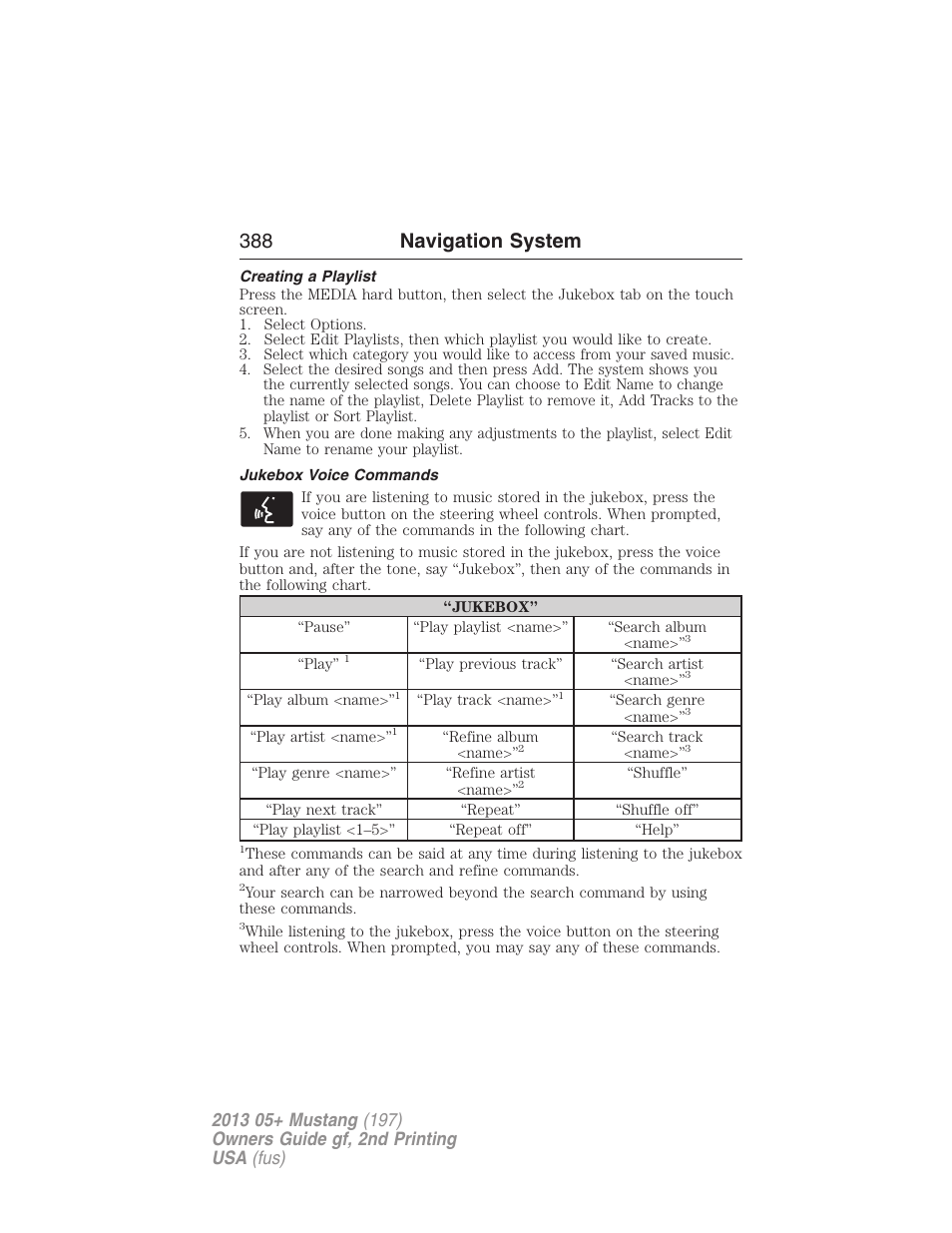 Creating a playlist, Jukebox voice commands, 388 navigation system | FORD 2013 Mustang v.2 User Manual | Page 388 / 427