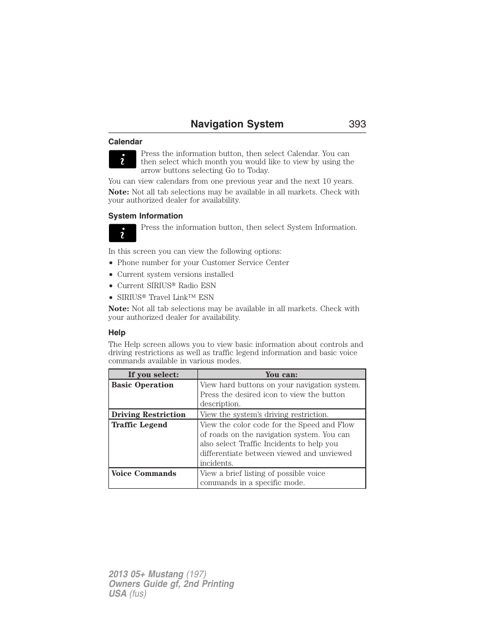 Calendar, System information, Help | Accessing the help screen, Navigation system 393 | FORD 2013 Mustang v.2 User Manual | Page 393 / 427