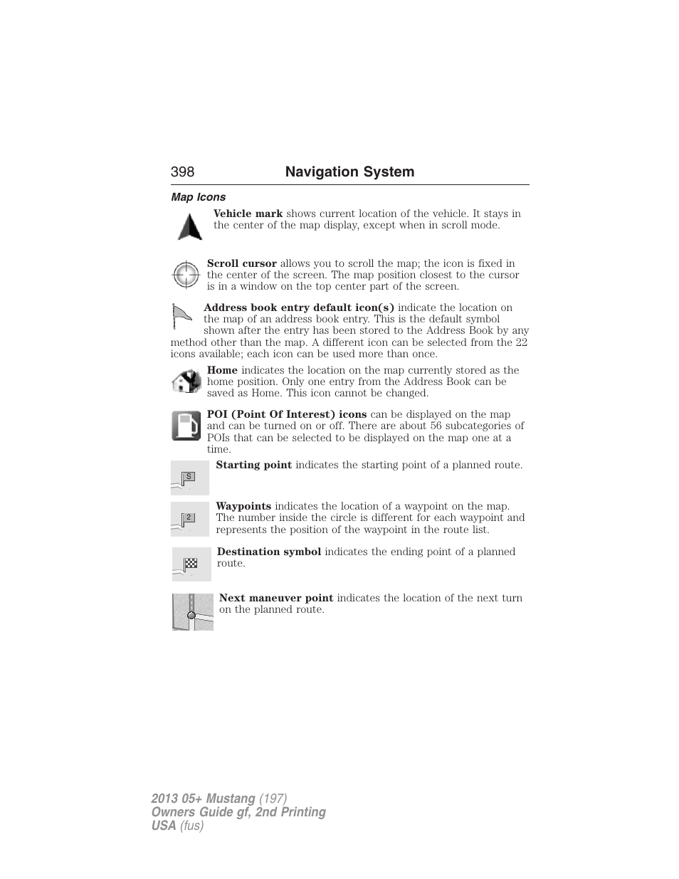 Map icons, 398 navigation system | FORD 2013 Mustang v.2 User Manual | Page 398 / 427