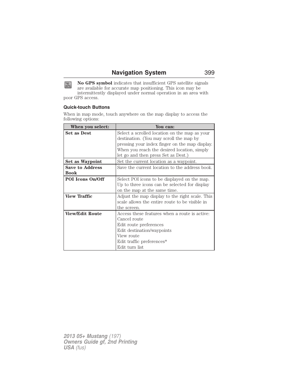 Quick-touch buttons, Navigation system 399 | FORD 2013 Mustang v.2 User Manual | Page 399 / 427