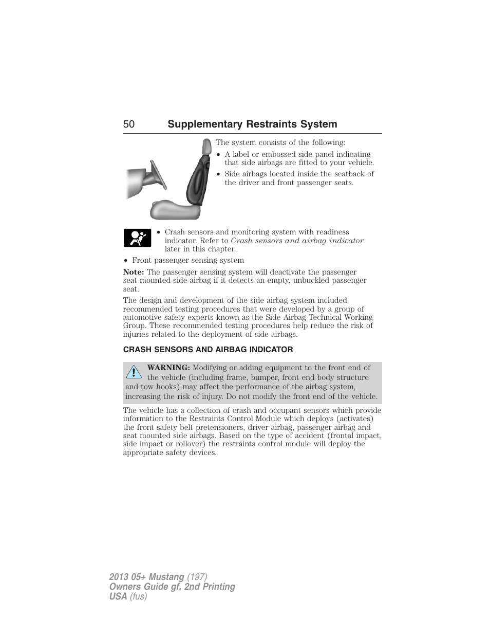 Crash sensors and airbag indicator, 50 supplementary restraints system | FORD 2013 Mustang v.2 User Manual | Page 50 / 427