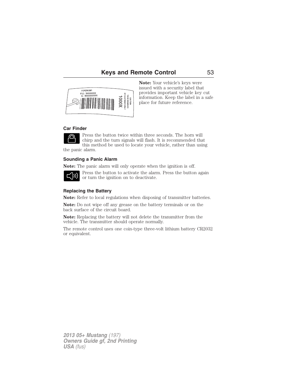 Car finder, Sounding a panic alarm, Replacing the battery | Keys and remote control 53 | FORD 2013 Mustang v.2 User Manual | Page 53 / 427