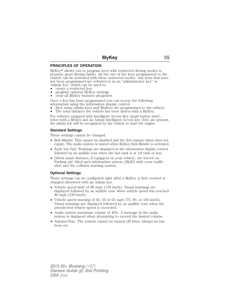 Mykey, Principles of operation, Standard settings | Optional settings, Settings, mykey, Mykey 55 | FORD 2013 Mustang v.2 User Manual | Page 55 / 427