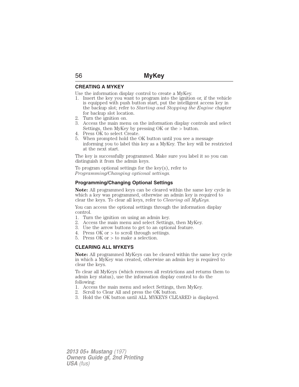 Creating a mykey, Programming/changing optional settings, Clearing all mykeys | Creating, Clearing, 56 mykey | FORD 2013 Mustang v.2 User Manual | Page 56 / 427