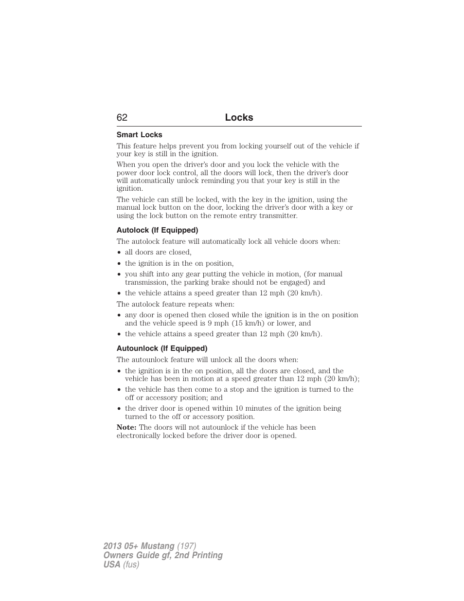 Smart locks, Autolock (if equipped), Autounlock (if equipped) | 62 locks | FORD 2013 Mustang v.2 User Manual | Page 62 / 427