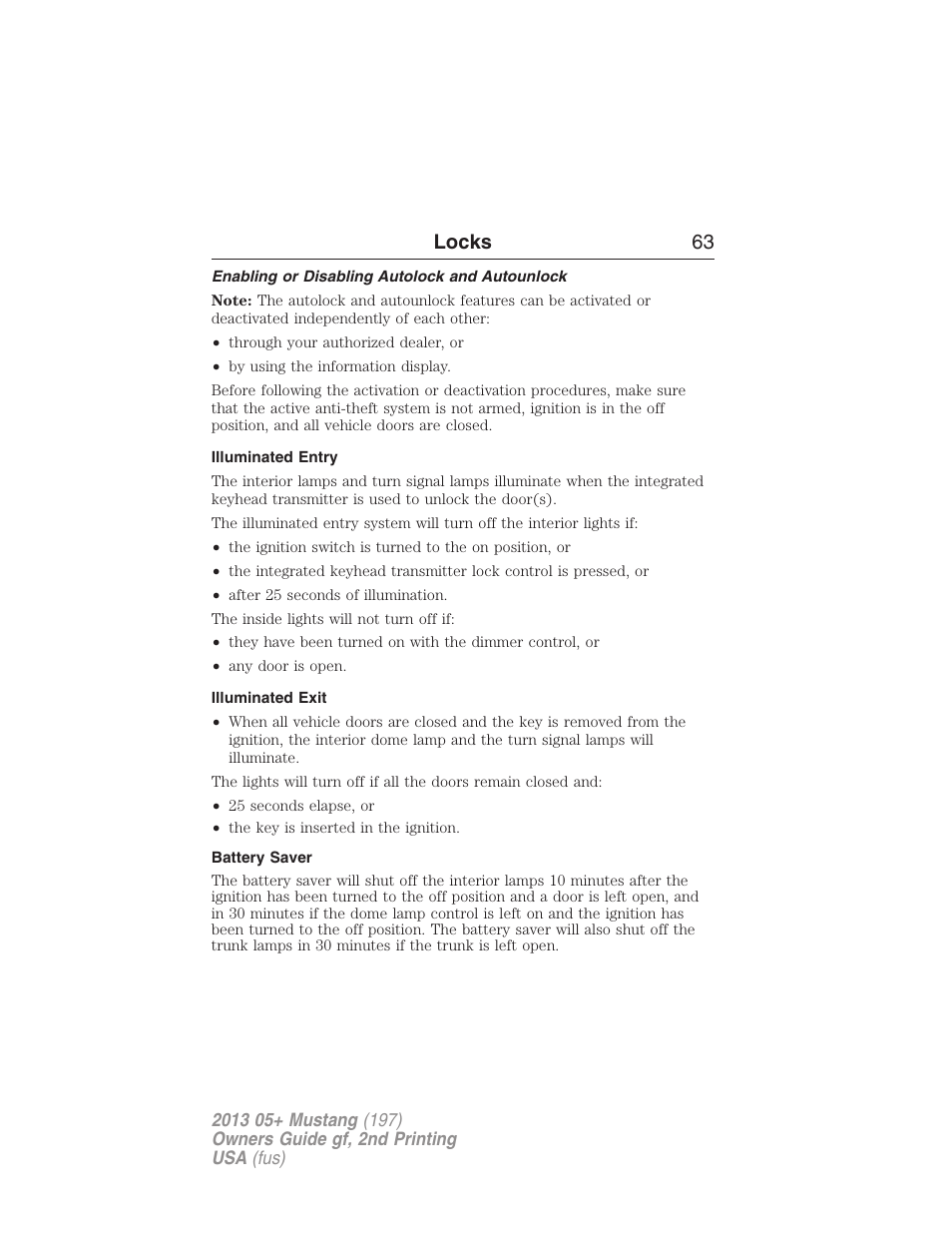 Enabling or disabling autolock and autounlock, Illuminated entry, Illuminated exit | Battery saver, Locks 63 | FORD 2013 Mustang v.2 User Manual | Page 63 / 427