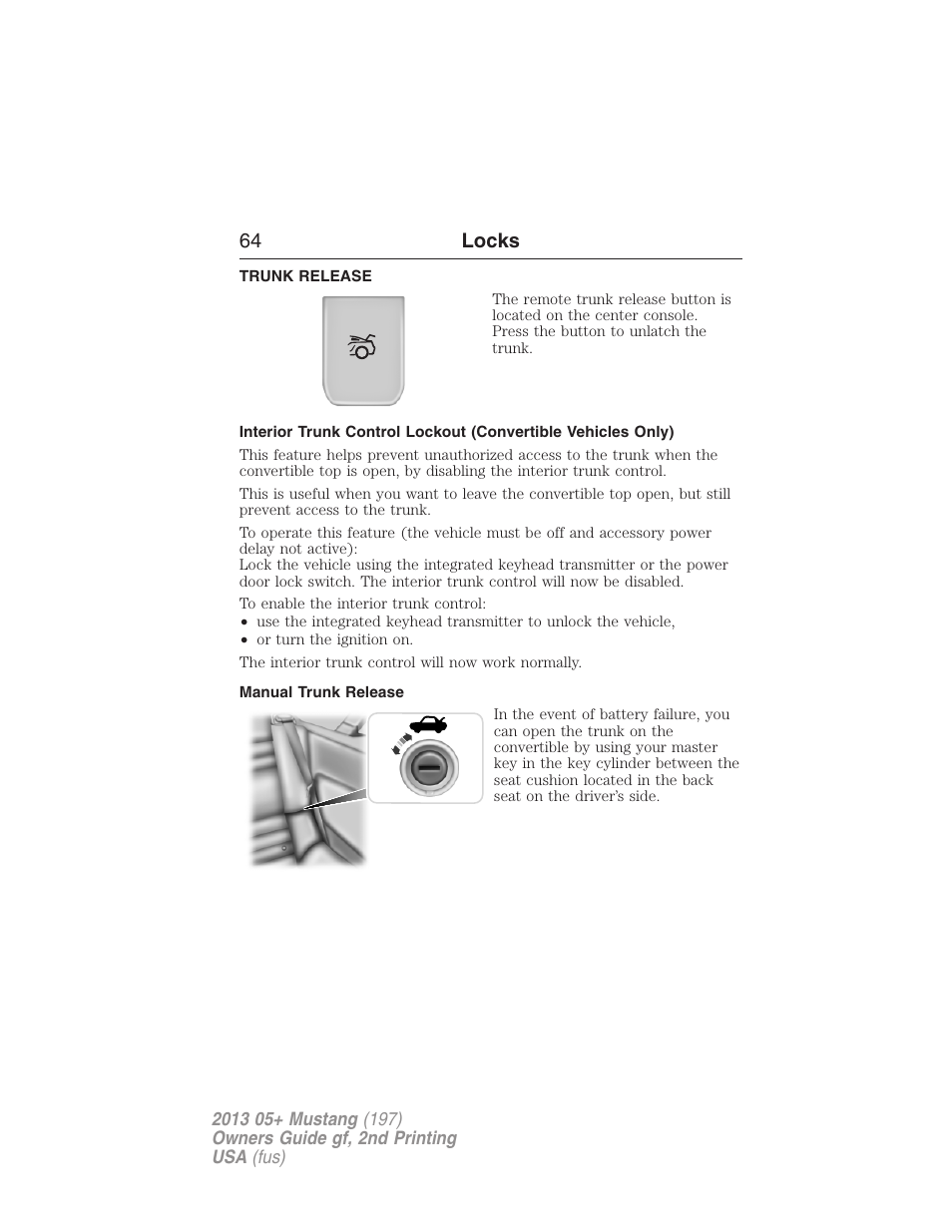 Trunk release, Manual trunk release, 64 locks | FORD 2013 Mustang v.2 User Manual | Page 64 / 427