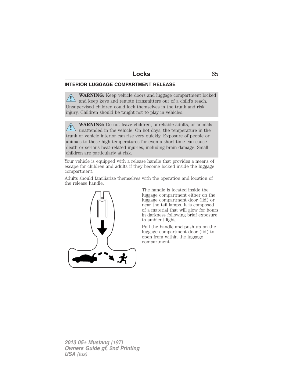 Interior luggage compartment release, Locks 65 | FORD 2013 Mustang v.2 User Manual | Page 65 / 427