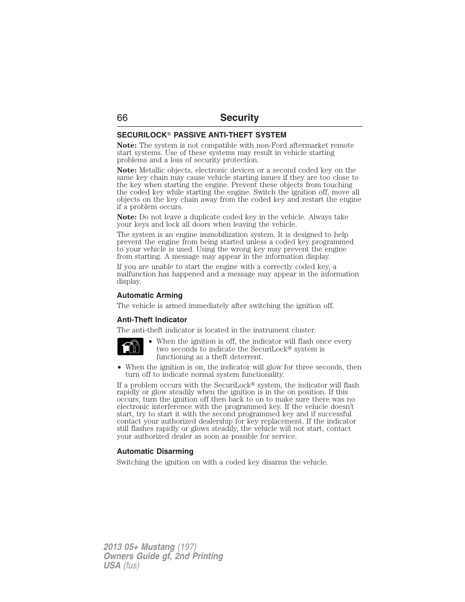 Security, Securilock? passive anti-theft system, Automatic arming | Anti-theft indicator, Automatic disarming, Securilock, Passive anti-theft system, 66 security | FORD 2013 Mustang v.2 User Manual | Page 66 / 427