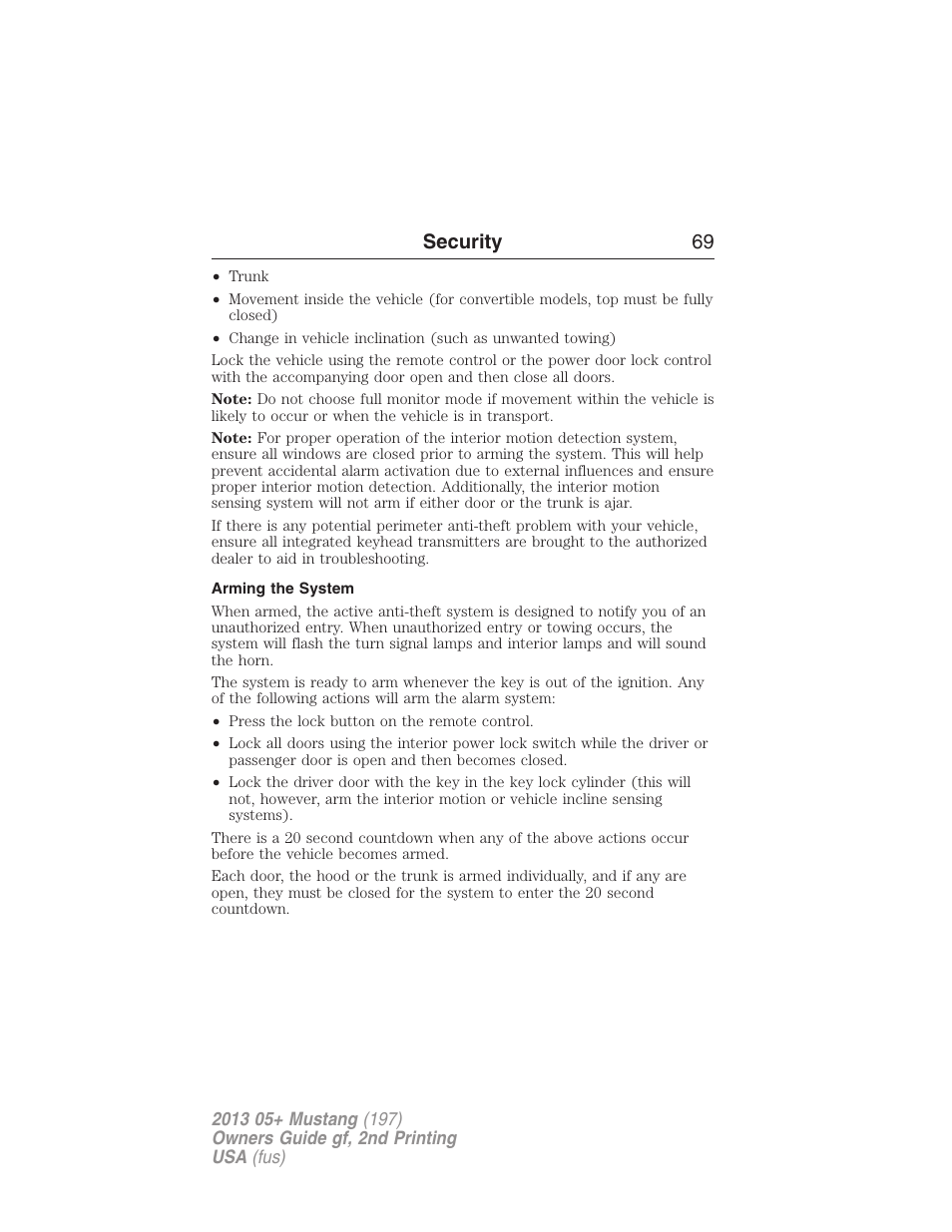 Arming the system, Security 69 | FORD 2013 Mustang v.2 User Manual | Page 69 / 427