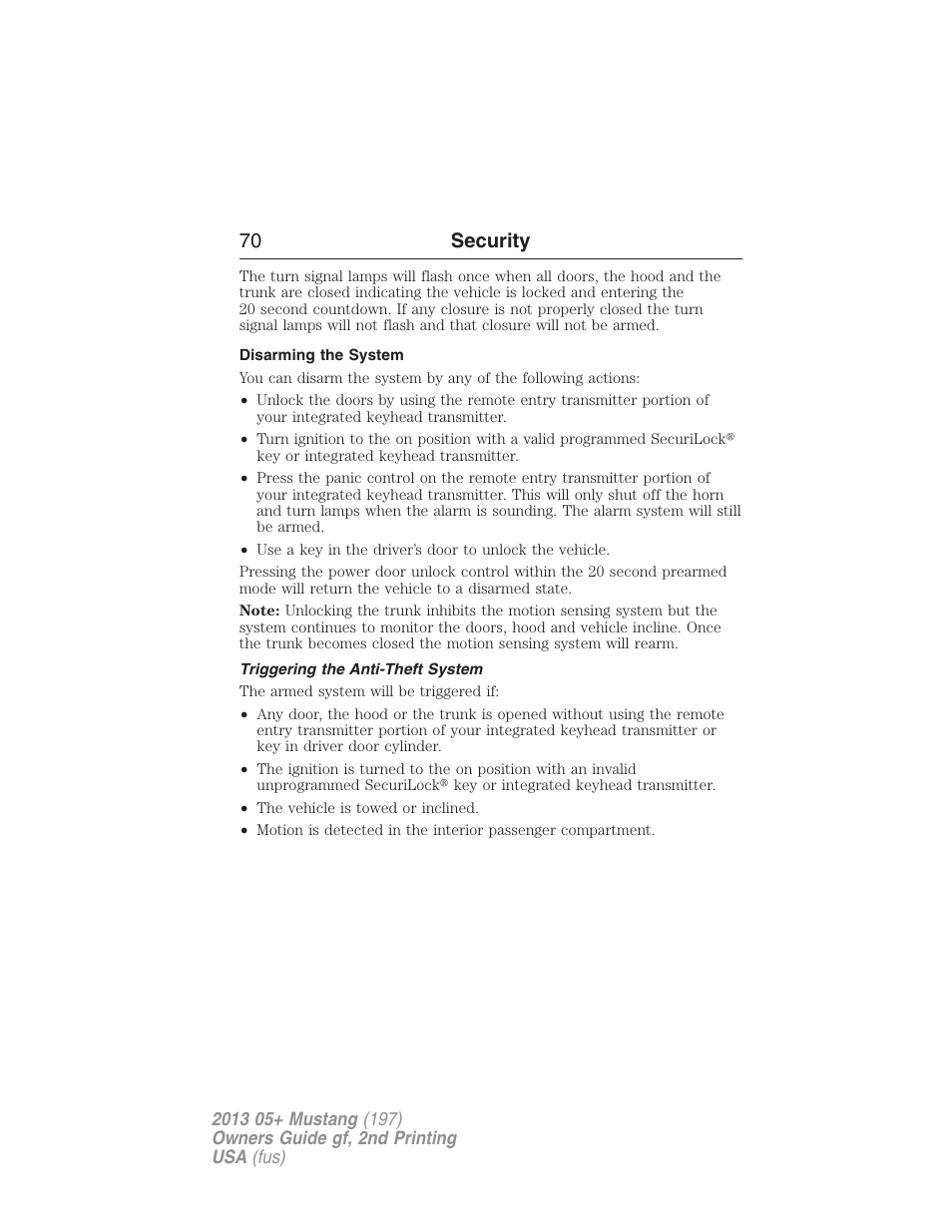 Disarming the system, Triggering the anti-theft system, 70 security | FORD 2013 Mustang v.2 User Manual | Page 70 / 427