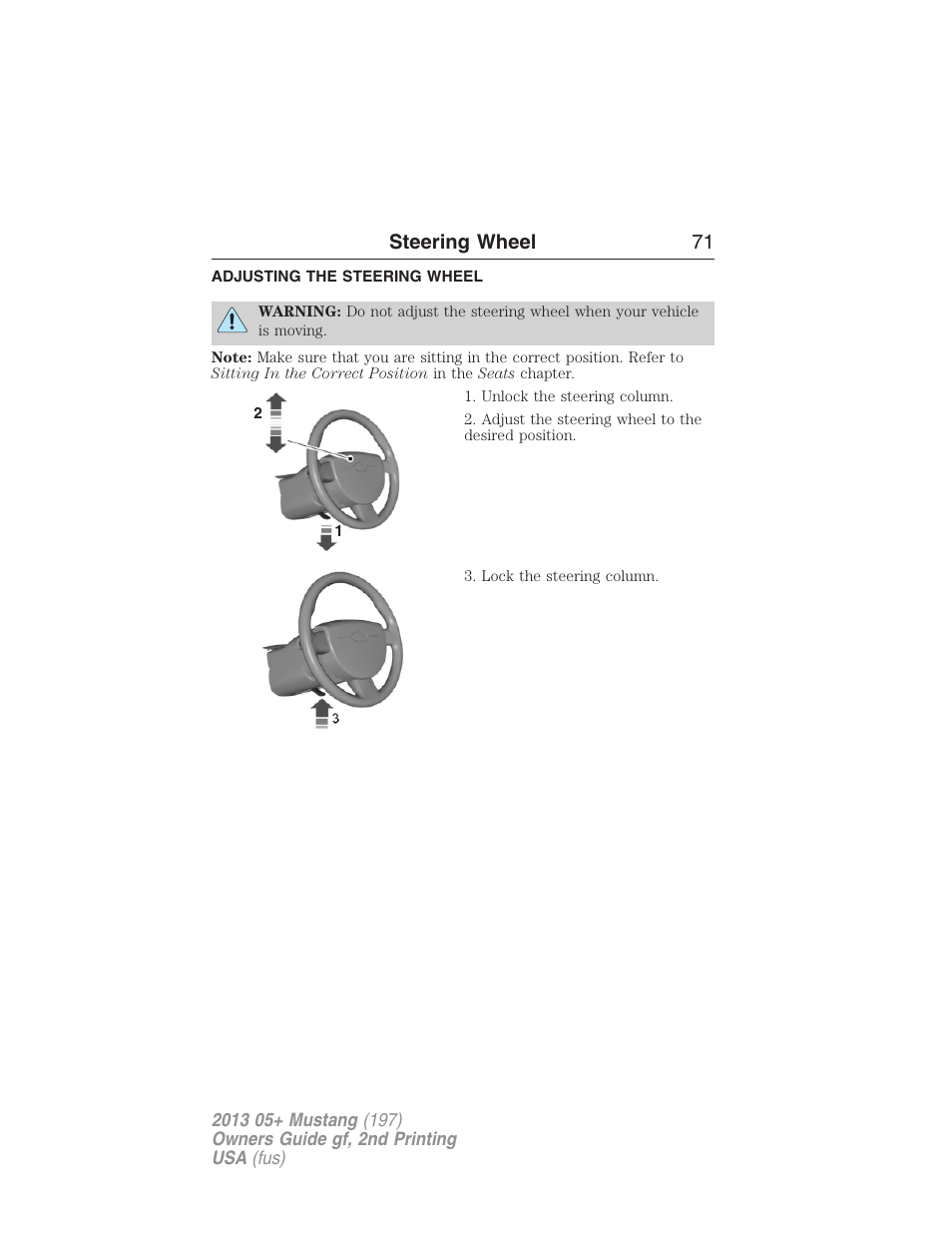 Steering wheel, Adjusting the steering wheel, Steering wheel 71 | FORD 2013 Mustang v.2 User Manual | Page 71 / 427