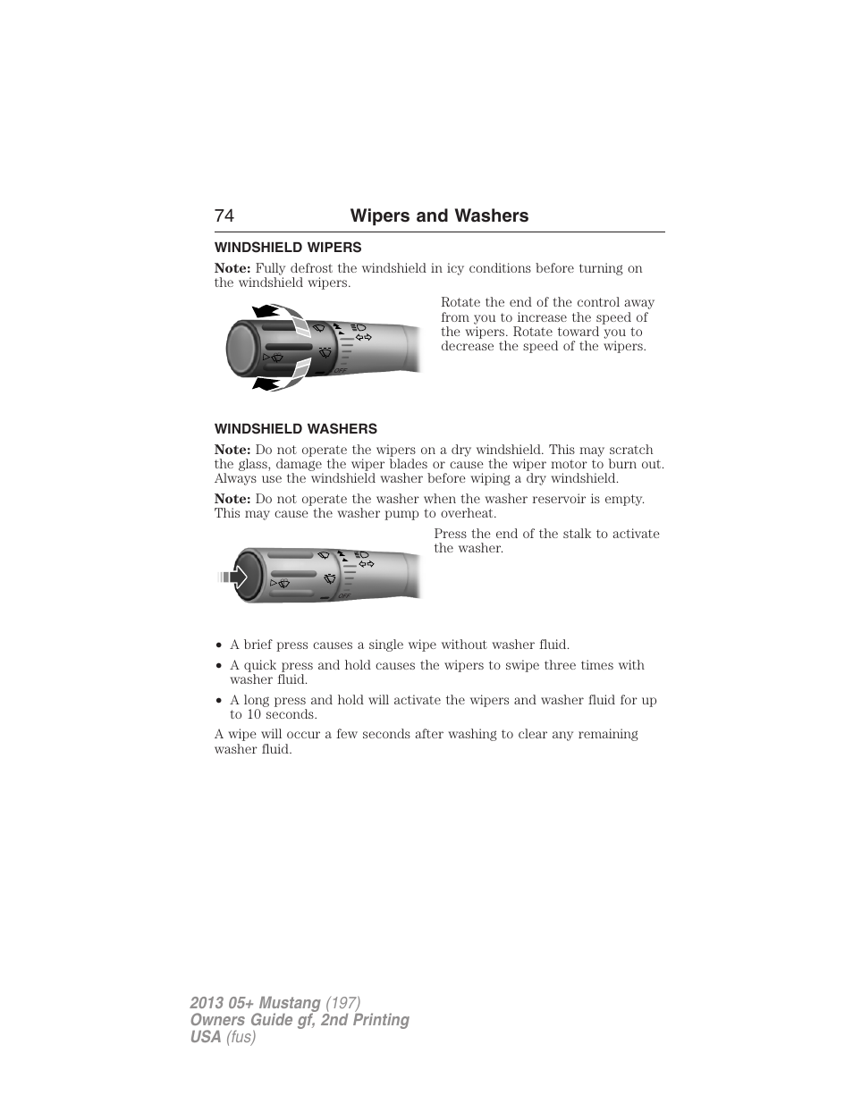 Wipers and washers, Windshield wipers, Windshield washers | 74 wipers and washers | FORD 2013 Mustang v.2 User Manual | Page 74 / 427