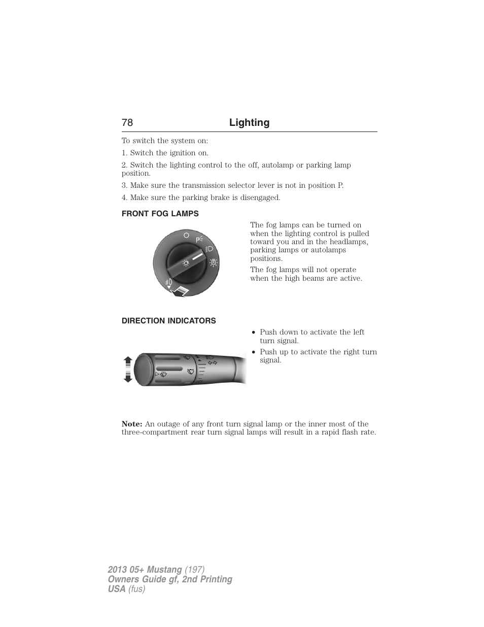 Front fog lamps, Direction indicators, 78 lighting | FORD 2013 Mustang v.2 User Manual | Page 78 / 427