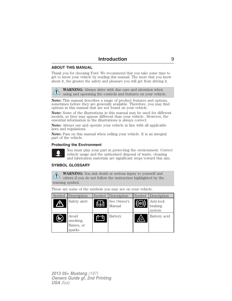 Introduction, About this manual, Protecting the environment | Symbol glossary, Introduction 9 | FORD 2013 Mustang v.2 User Manual | Page 9 / 427