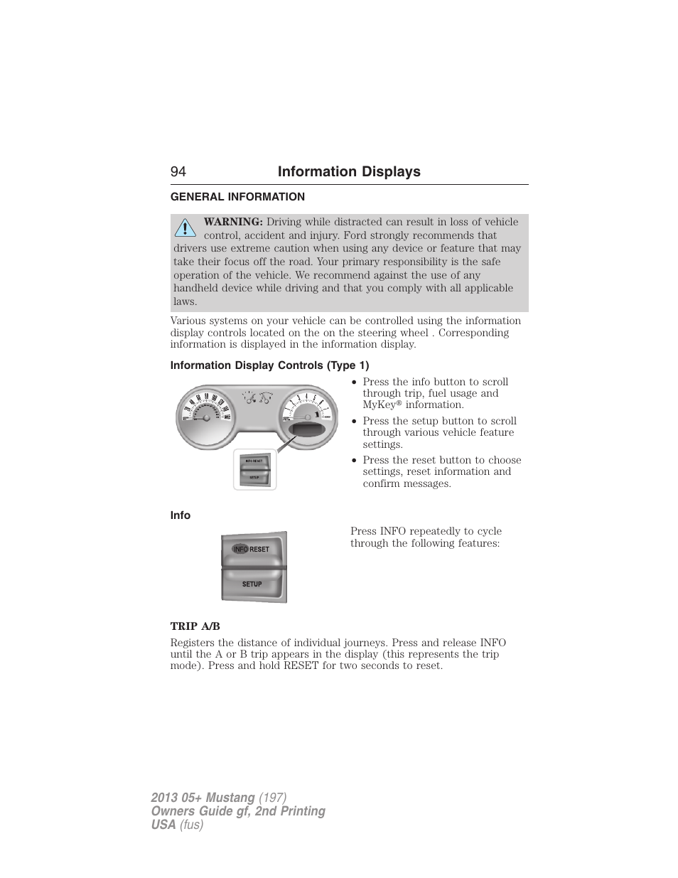 Information displays, General information, Information display controls (type 1) | Info, Controls, 94 information displays | FORD 2013 Mustang v.2 User Manual | Page 94 / 427