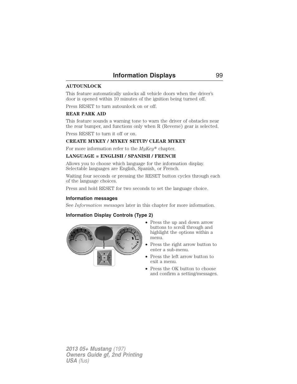 Information messages, Information display controls (type 2), Information displays 99 | FORD 2013 Mustang v.2 User Manual | Page 99 / 427