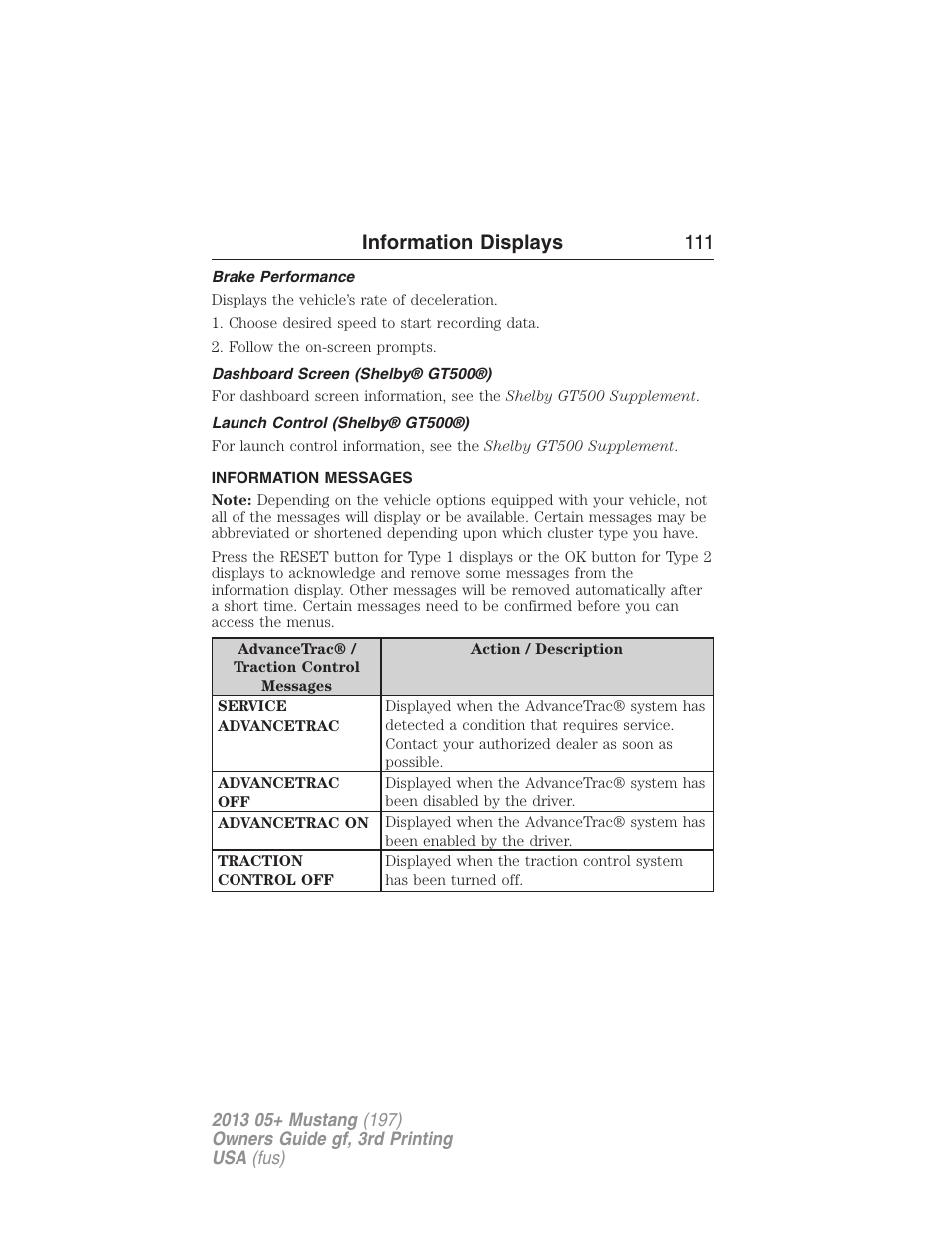 Brake performance, Dashboard screen (shelby® gt500®), Launch control (shelby® gt500®) | Information messages, Information displays 111 | FORD 2013 Mustang v.3 User Manual | Page 112 / 447