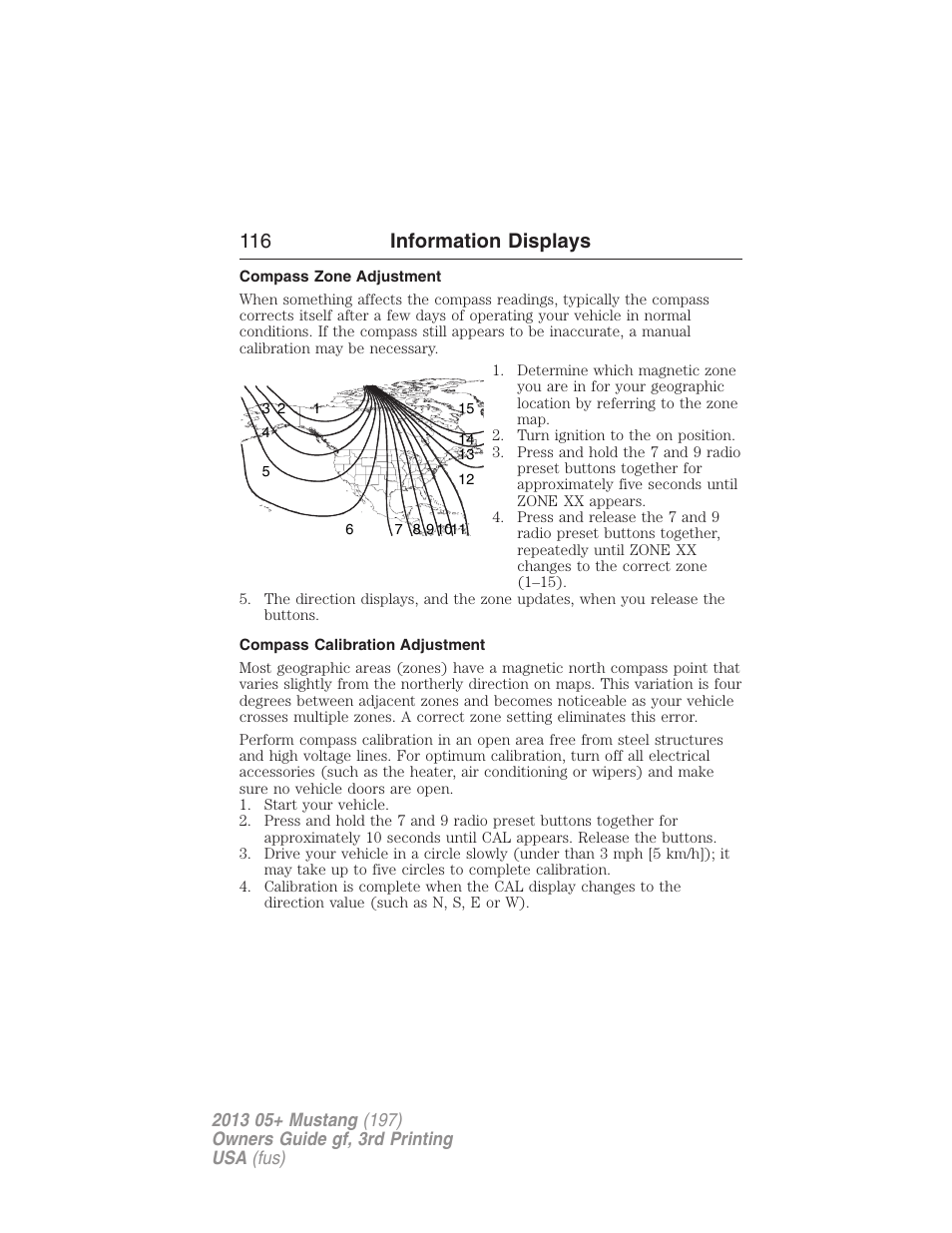 Compass zone adjustment, Compass calibration adjustment, 116 information displays | FORD 2013 Mustang v.3 User Manual | Page 117 / 447