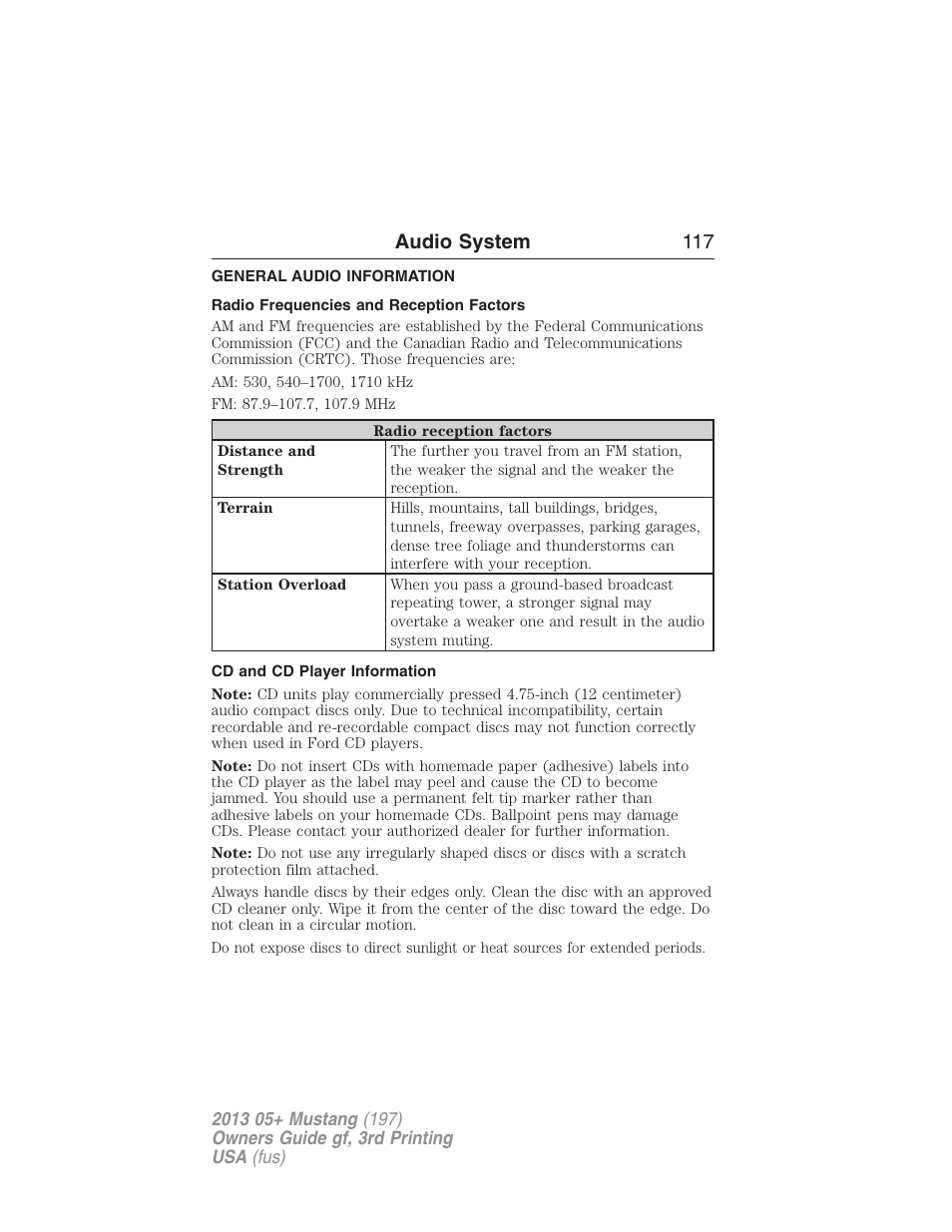 Audio system, General audio information, Radio frequencies and reception factors | Cd and cd player information, Audio system 117 | FORD 2013 Mustang v.3 User Manual | Page 118 / 447