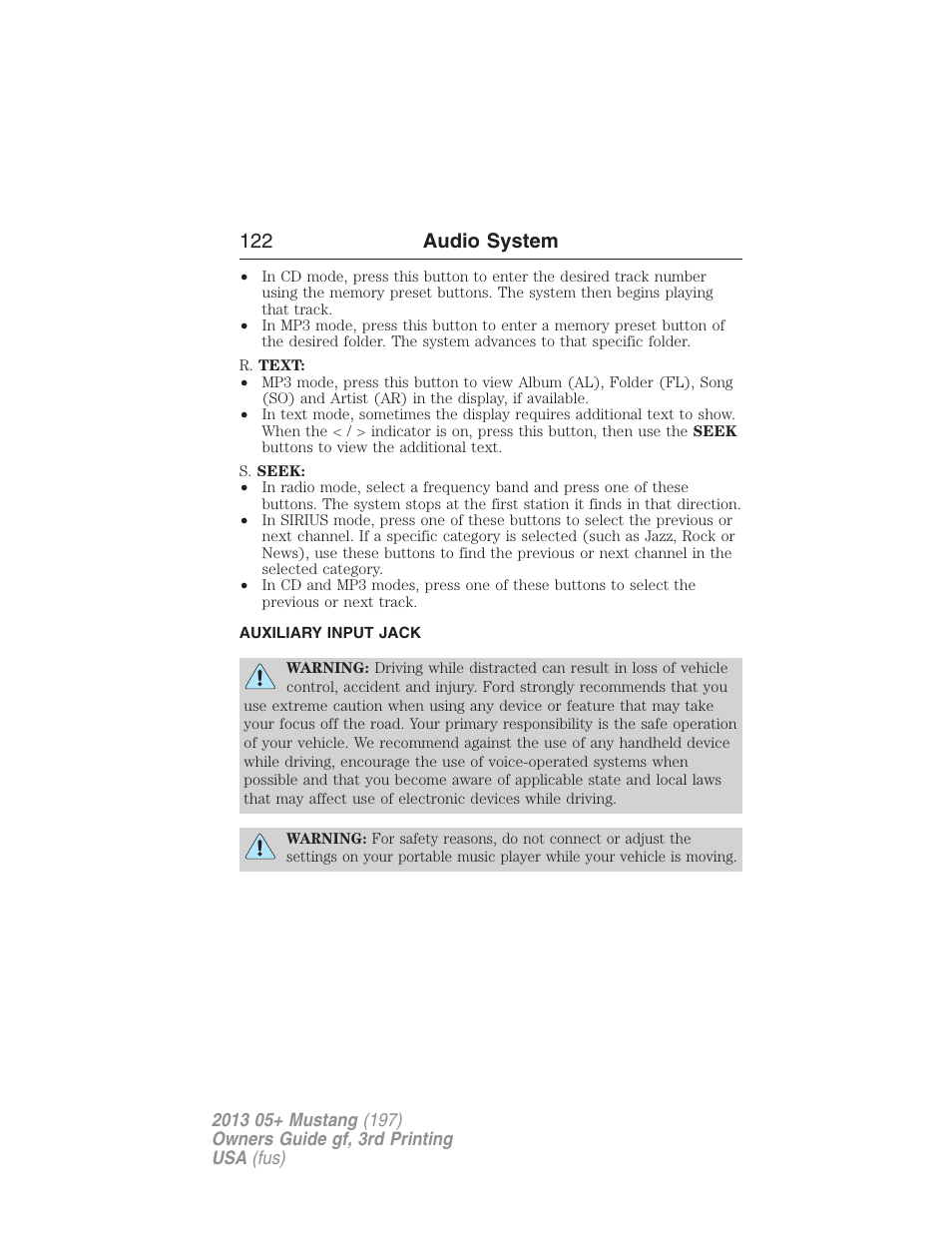 Auxiliary input jack, 122 audio system | FORD 2013 Mustang v.3 User Manual | Page 123 / 447
