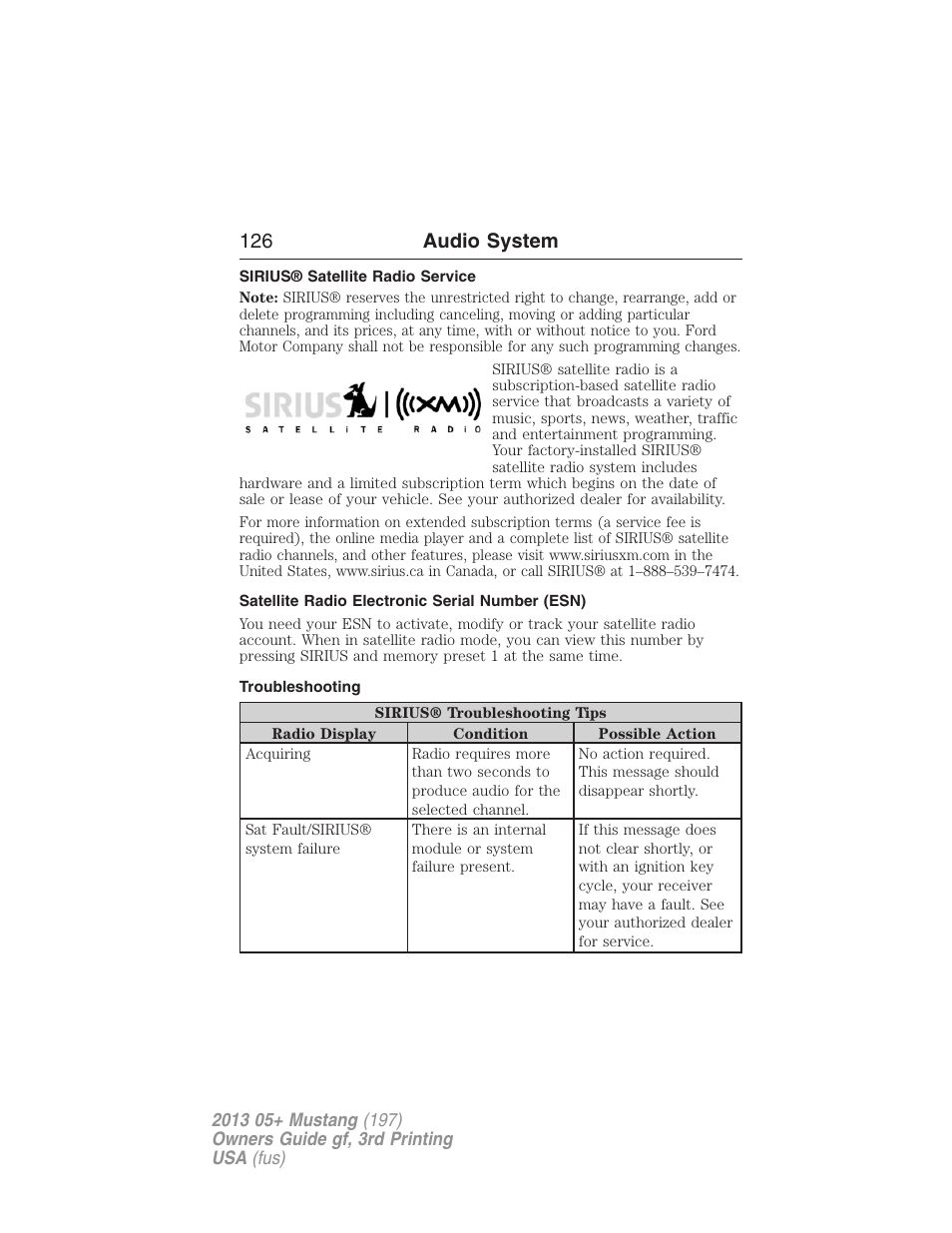 Sirius® satellite radio service, Satellite radio electronic serial number (esn), Troubleshooting | 126 audio system | FORD 2013 Mustang v.3 User Manual | Page 127 / 447