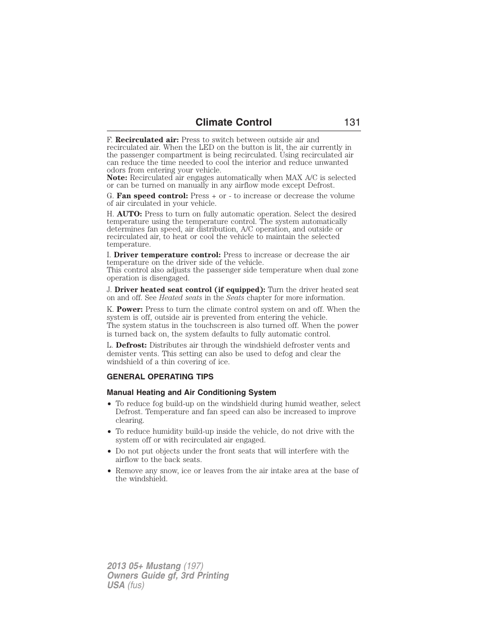 General operating tips, Manual heating and air conditioning system, Climate control 131 | FORD 2013 Mustang v.3 User Manual | Page 132 / 447