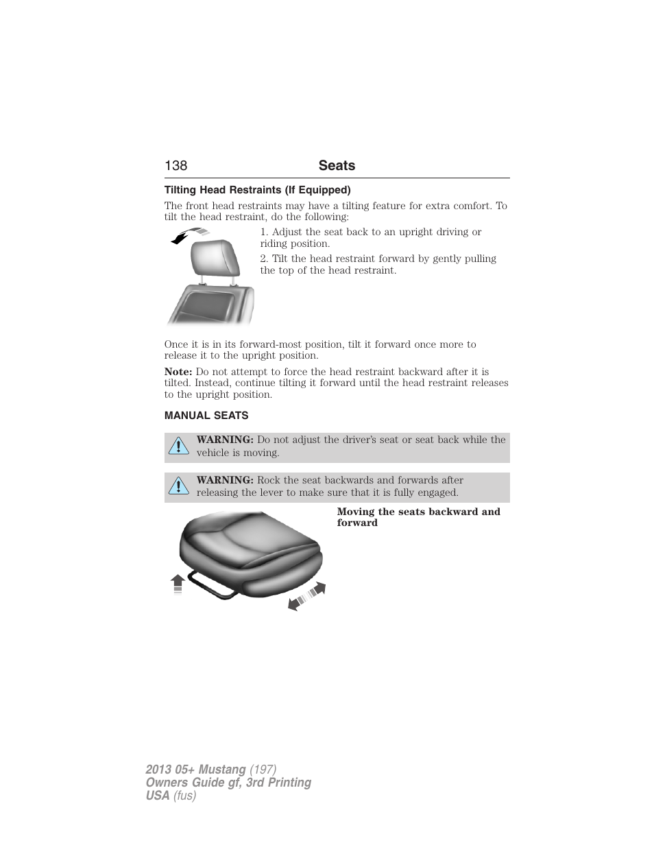 Tilting head restraints (if equipped), Manual seats, 138 seats | FORD 2013 Mustang v.3 User Manual | Page 139 / 447