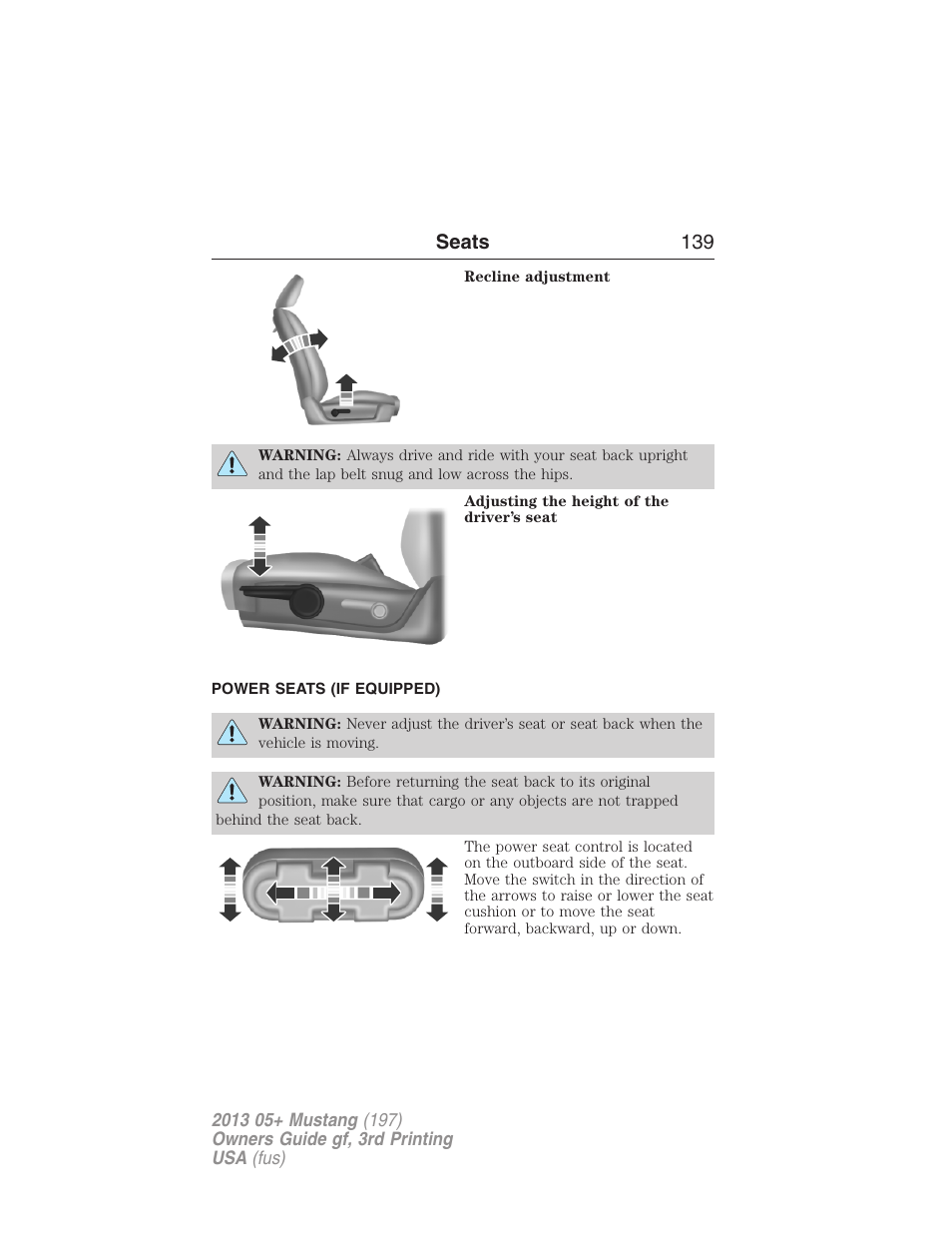 Power seats (if equipped), Power seats, Seats 139 | FORD 2013 Mustang v.3 User Manual | Page 140 / 447