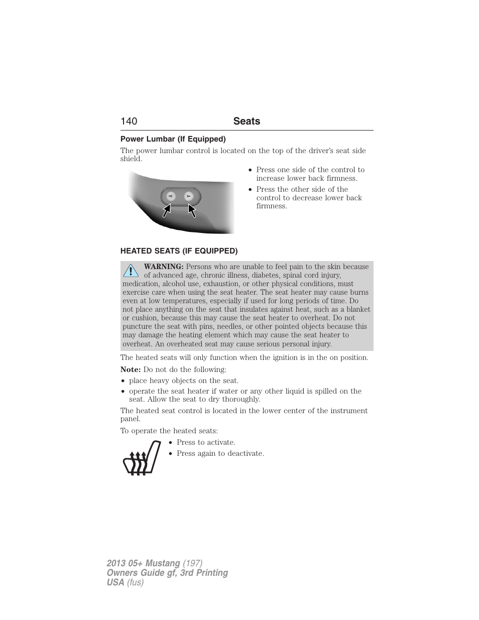 Power lumbar (if equipped), Heated seats (if equipped), Heated seats | 140 seats | FORD 2013 Mustang v.3 User Manual | Page 141 / 447