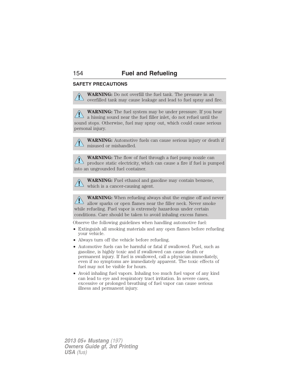 Fuel and refueling, Safety precautions, 154 fuel and refueling | FORD 2013 Mustang v.3 User Manual | Page 155 / 447