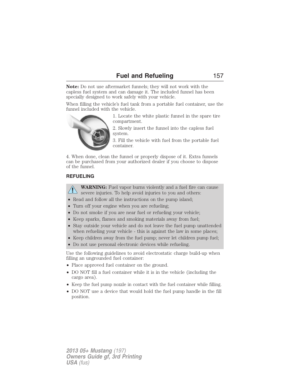 Refueling, Fuel and refueling 157 | FORD 2013 Mustang v.3 User Manual | Page 158 / 447