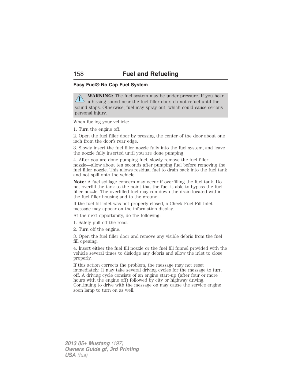 Easy fuel® no cap fuel system, 158 fuel and refueling | FORD 2013 Mustang v.3 User Manual | Page 159 / 447