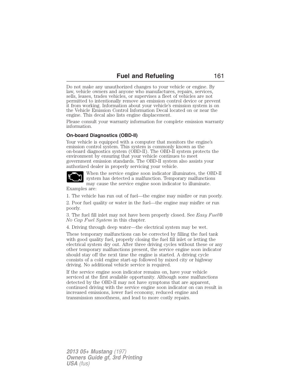 On-board diagnostics (obd-ii), Fuel and refueling 161 | FORD 2013 Mustang v.3 User Manual | Page 162 / 447