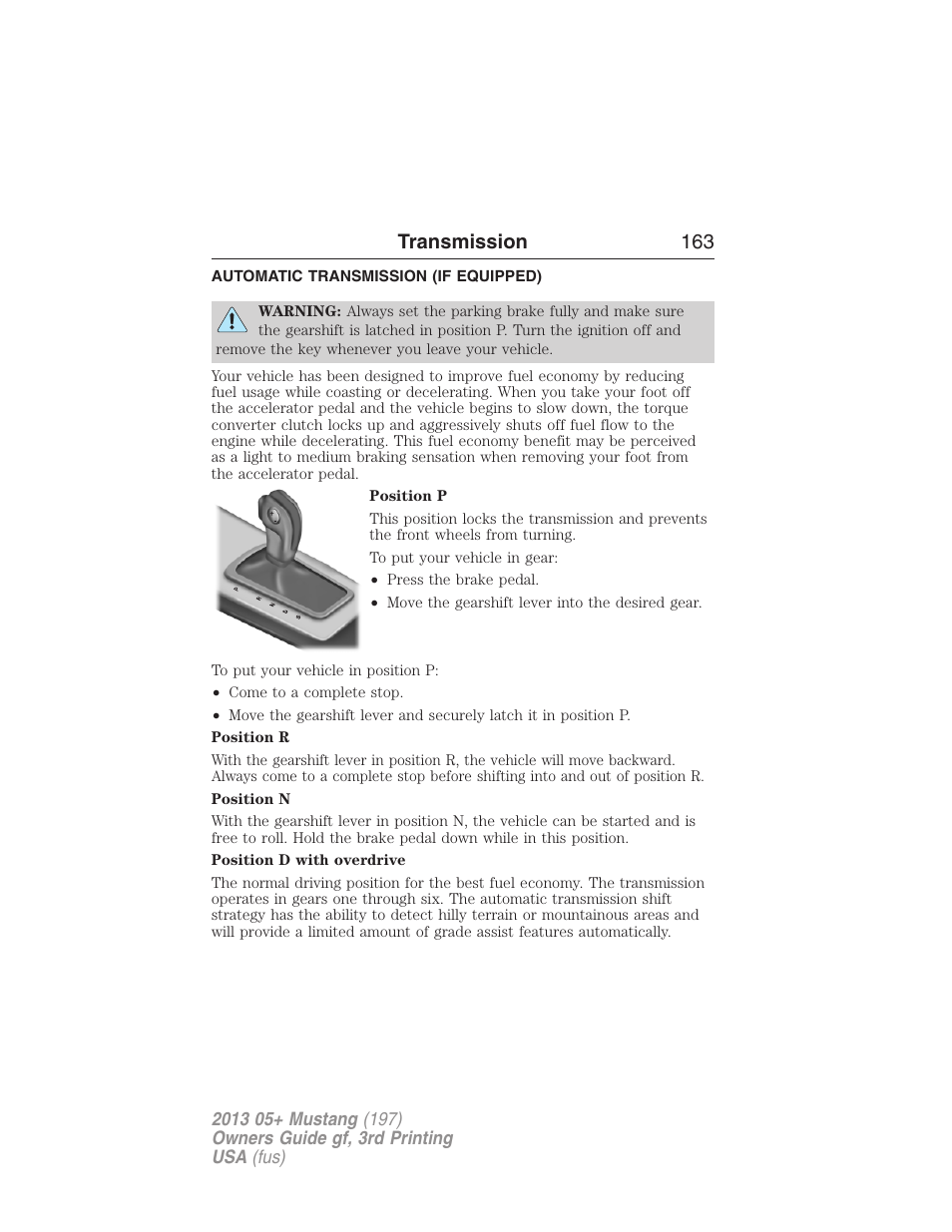 Transmission, Automatic transmission (if equipped), Transmission operation | Automatic transmission, Transmission 163 | FORD 2013 Mustang v.3 User Manual | Page 164 / 447