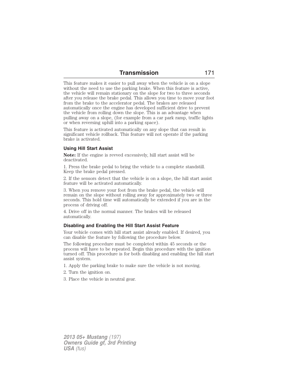 Using hill start assist, Transmission 171 | FORD 2013 Mustang v.3 User Manual | Page 172 / 447