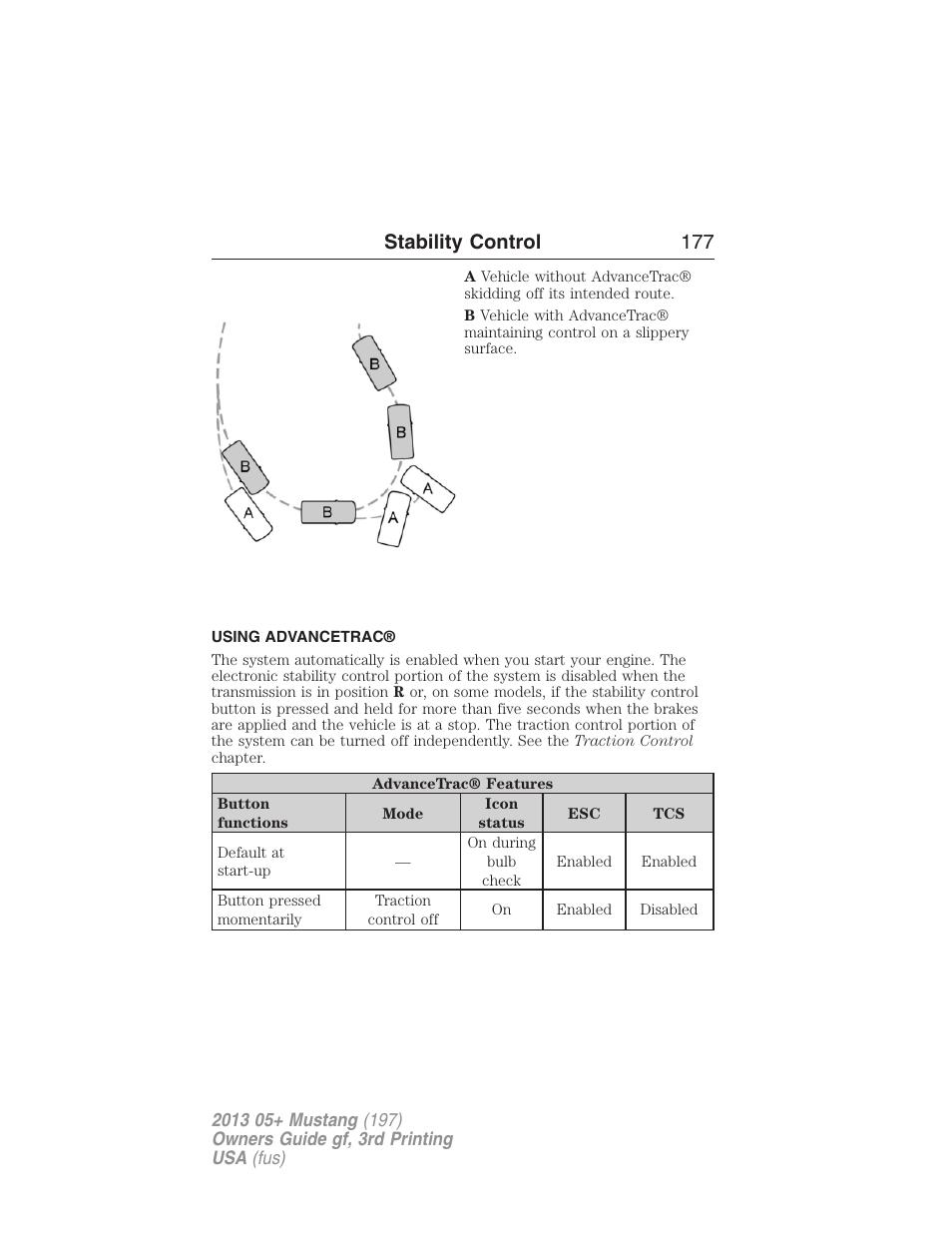 Using advancetrac, Stability control 177 | FORD 2013 Mustang v.3 User Manual | Page 178 / 447