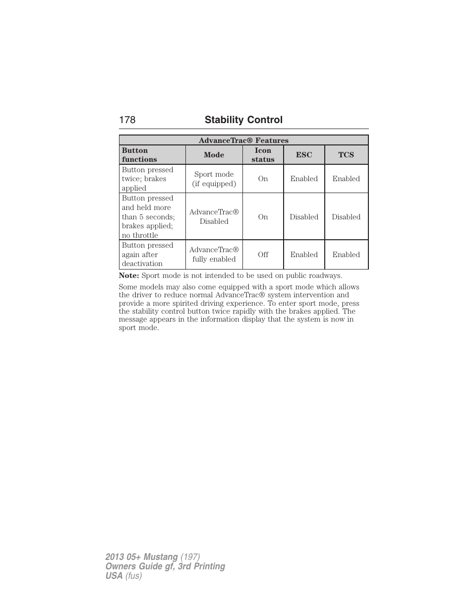 178 stability control | FORD 2013 Mustang v.3 User Manual | Page 179 / 447