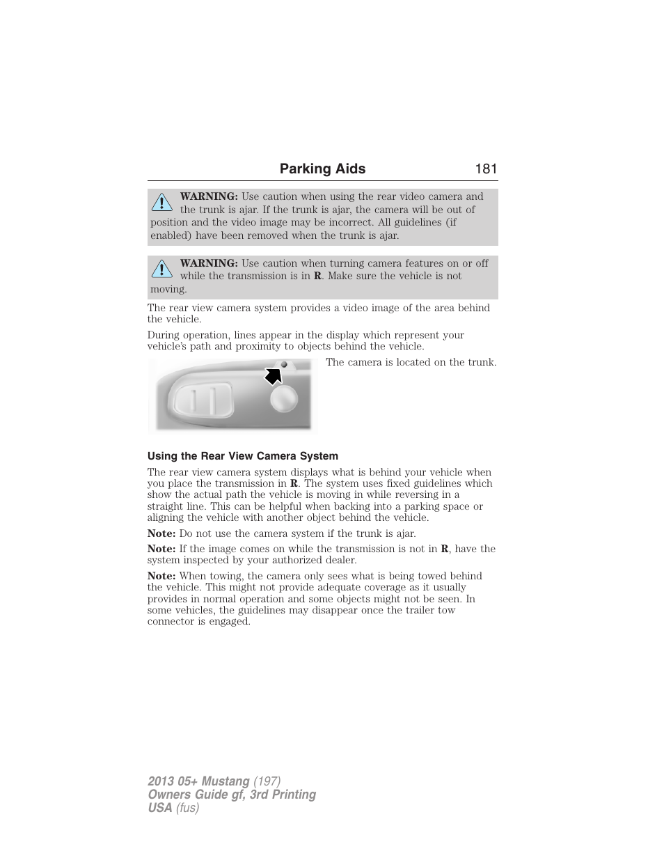 Using the rear view camera system, Parking aids 181 | FORD 2013 Mustang v.3 User Manual | Page 182 / 447