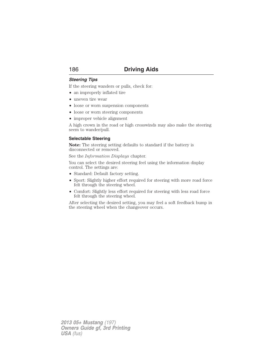 Steering tips, Selectable steering, 186 driving aids | FORD 2013 Mustang v.3 User Manual | Page 187 / 447