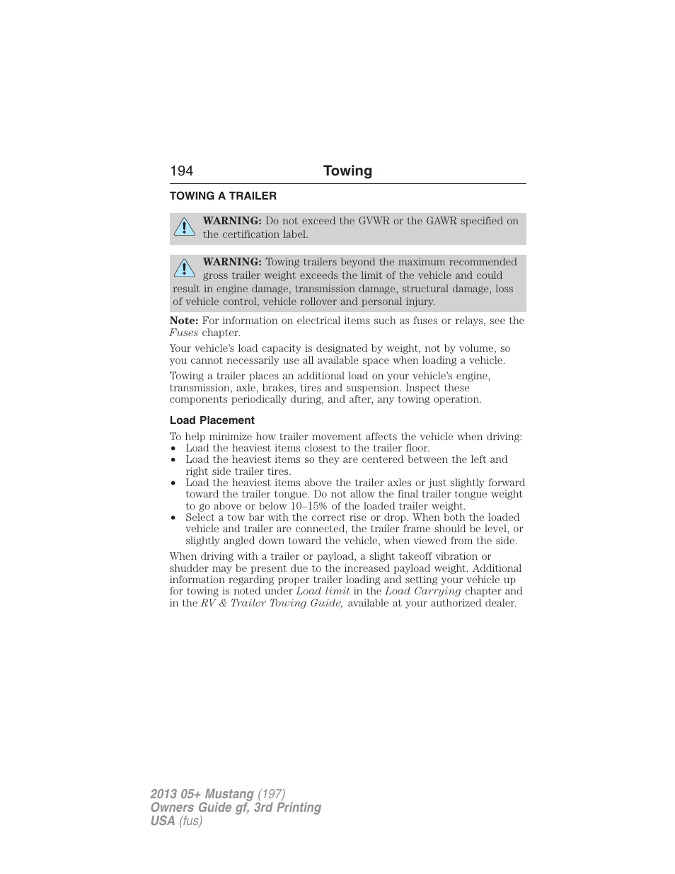 Towing, Towing a trailer, Load placement | Trailer towing, 194 towing | FORD 2013 Mustang v.3 User Manual | Page 195 / 447